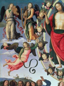 Die Himmelfahrt Christi, Detail (Christus und musizierende Engel) von Pietro Perugino
