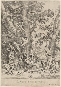 Junge Frau, umgeben von Amoren (Der Garten der Nächstenliebe, vertikale Version) von Pietro Testa
