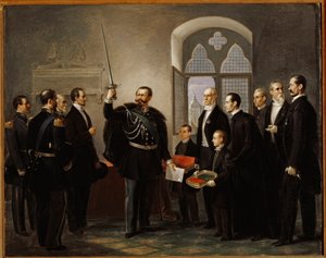 Vittorio Emanuele II. von Savoyen in Pistoia, das Schwert des ghibellinischen Condottiere Castracani schwingend