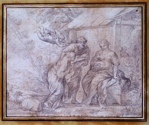 Die Rückkehr von Hagar, der ägyptischen Sklavin von Sarah, Abrahams Frau. Zeichnung in schwarzem Bleistift von Pietro Berrettini, bekannt als Pietro da Cortona. 17. Jahrhundert. Paris, Louvre Museum
