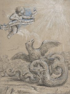 Design mit einem Adler, der mit einer Schlange kämpft, und einem Putto im Himmel, 17. Jahrhundert von Pietro da Cortona