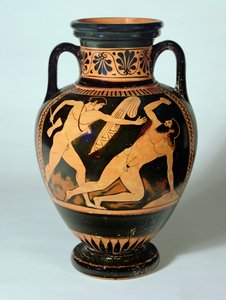 Rotfigurige Halsamphore, die Theseus zeigt, der sich darauf vorbereitet, Prokrustes zu töten, 480-470 v. Chr. (Ton)