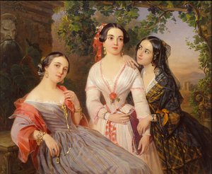 Porträt der Schwestern Gräfin Elizaveta Salias De Tournemire, Sophia Sukhovo-Kobylina und Eudokia Petrovo-Solovovo, 1847 von Pimen Nikitich Orlov