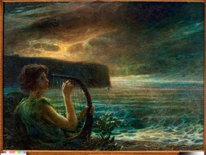 Vollmond, Hommage an eine weibliche Gottheit, die in einer Meereslandschaft mit stürmischem Himmel Leier spielt