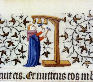 Ein glockenläutender Mönch. Flämische Miniatur von Pol De Limburg (15. Jahrhundert) aus dem Manuskript 