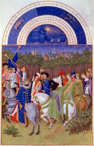 Gefolge von Adligen und Musikern zu Pferd, Blick auf den Herzogspalast von Riom (?) und den Monat Mai