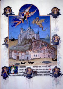 Ansicht von Mont Saint Michel: Der Erzengel Michael und der Drachenflügel kämpfen in der Luft