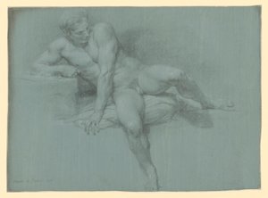 Aktstudie eines lagernden männlichen Modells, sich mit dem linken Arm vor dem Körper abstützend von Pompeo Girolamo Batoni