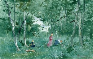Elegante Damen pflücken Blumen im Wald von Pompeo Mariani