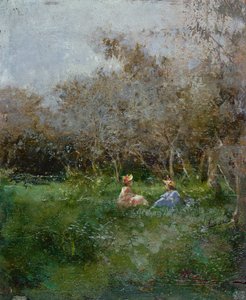 Elegante Damen ruhen sich in einer bewaldeten Landschaft aus von Pompeo Mariani