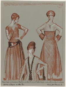 Gazette du Bon Ton, 1921 - Nr. 3, Pl. X: Nachmittagskleid und Kostüm von Paul Poiret, und Nachmittagskleid von Jeanne Lanvin