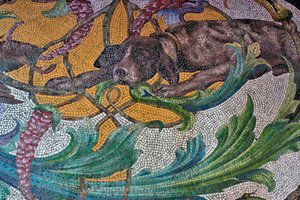 Boden mit Jagdhunddarstellung von Portuguese School