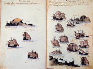 Manuskriptseite „Denkmäler der Armadas von Portugal unter König Manuel I. (1469-1521)“, darstellend die portugiesischen Flotten. 1523. B.N. Paris von Portuguese School