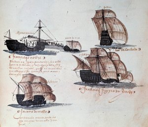 Denkwürdigkeiten der Armadas von Portugal unter König Manuel I.: Darstellung der Karavellen der portugiesischen Flotte. Miniatur aus einem Manuskript von 1497. Lissabon. Nationalmuseum für alte Kunst