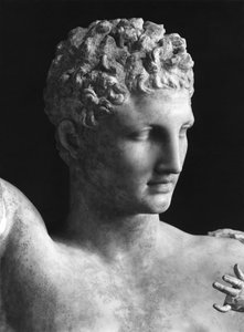 Detail der Statue von Hermes und dem kleinen Dionysos, ca. 330 v. Chr. (Parischer Marmor), Kopf des Hermes