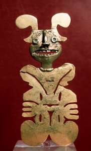 Präkolumbische Kunst, Quimbaya-Zivilisation (Kolumbien): anthropomorphe Statuette aus Gold. 400-1400 n. Chr. Bogotá, Museo de Oro, Kolumbien