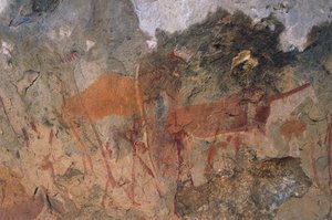 Menschliche und tierische Figuren, Buschmänner oder San-Höhlenmalereien, Maloti-Drakensberg Park (Unesco-Welterbeliste, 2000), Lesotho
