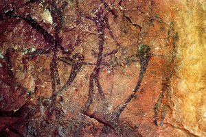 Menschliche Figuren mit Bögen, Cueva del Civil, Tirig, Barranc de la Valltorta, Valencia, Spanien