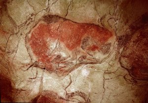 Vorgeschichte: „Bison in Ruhe“ Felsmalerei des Oberen Paläolithikums (Magdalénien) (zwischen 16500 und 14000 Jahren) Bisonhöhle, Altamira, Santander, Spanien