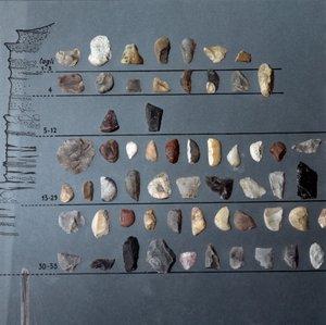 Prähistorisch, Kultur von Pontiniano: Steine und Feuerstein (Lithische Produktion) aus der Höhle von Moscerini, Latium. Steinzeit. Oberes Paläolithikum. Rom, Museo Nazionale Preistorico Etnografico Luigi Pigorini von Prehistoric Prehistoric