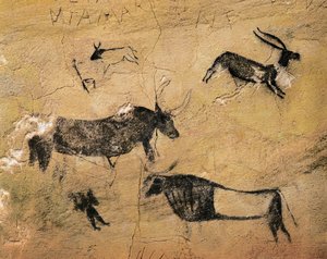 Felskunst: Hirsche und Kühe. Aus Spanien, El Cogul, Höhle dels Moros. Vorgeschichte, Mesolithikum (Fresko)