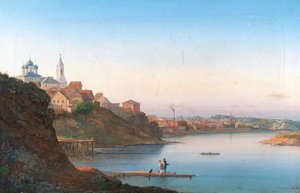 Die Dormitionskirche auf Krutitsy in Moskau mit dem Simonov-Kloster im Hintergrund, 1858