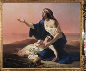 Hagar und Ismael in der Wüste. (Die ägyptische Dienerin Abrahams mit dem unehelichen Kind des Propheten, in die Wüste verbannt, als das Wasser knapp wird). Gemälde von Pyotr Stepanovich Petrovsky (1814-1842), Öl auf Leinwand