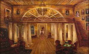 Das Haus der Larin. Bühnenbild für die Oper Eugen Onegin von P. Tschaikowski, 1944