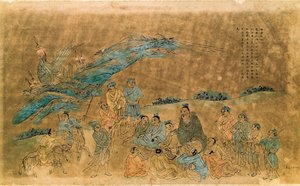 Der chinesische Philosoph Konfuzius (Kong Fu Zi) (551-479 v. Chr.) umgeben von seinen Schülern von Qing Dynasty Chinese School