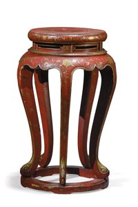 Jardinière (rot lackiert mit goldenen, braunen und grünen Details) von Qing Dynasty Chinese School