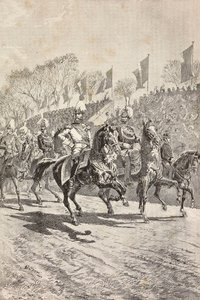 Stabschefs betreten den Paradeplatz, Feierlichkeiten zum Besuch des deutschen Kronprinzen (zukünftiger Friedrich III.) in Rom, Italien (Stich)