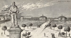Denkmal zum Gedenken an Giuseppe Garibaldi (1807-1882), italienischer Politiker und Patriot, und Badeanstalt im Hintergrund, Cesenatico, Italien von Quinto Cenni