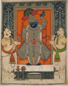 Priester verehren Krishna als Shrinathji für das Berg-der-Nahrung-Festival [Annakuta utsava]; Schreinbehang [pichhavai] von Rajasthan Kota school