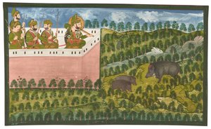 Ein Gemälde von Maharana Jawan Singh bei der Wildschweinjagd