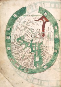 Weltkarte, f.2v aus Polychronicon, ca. 1400 (Pergament)