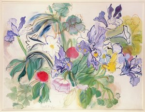 Blumenstrauß aus Iris und roten Mohnblumen
