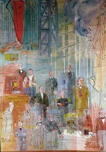 Die Fee Elektrizität, Detail: Porträts verschiedener Intellektueller und Wissenschaftler: Antonio Pacinotti, Zénobe Gramme, Josiah Willard Gibbs, Charles Algernon Parsons, Marc Seguin, Auguste Camille Rateau, Jean Victor Poncelet und Michael Faraday. 1937