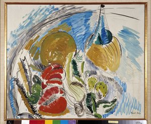 Stillleben mit Früchten, Gemüse und Weinflasche auf einem Tisch von Raoul Dufy