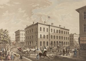 NW-Ecke der Dearborn- und Monroe-Straßen, Chicago, zeigt das Postgebäude im Jahr 1865
