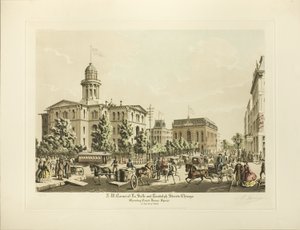 NW-Ecke von LaSalle und Randolph, Chicago, zeigt den Court House Square im Jahr 1864
