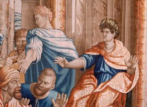Flandrischer Wandteppich. Serie Taten der Apostel. Elymas wird blind. Siebter Wandteppich in der Serie. Modellzeichnung von Rafael Sanzio. Herstellung Jan Raes II, Brüssel. Ca. 1605-1629.