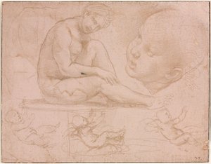Studien einer sitzenden Frau, Kinderkopf und drei Studien eines Babys von Raphael