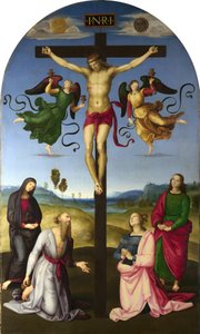 Der gekreuzigte Christus mit der Jungfrau Maria, Heiligen und Engeln