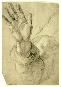 Erhobene rechte Hand, mit nach außen gerichteter Handfläche: Studie für den heiligen Petrus, 1518-20 von Raphael