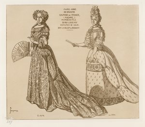 Hofkostüme. Marie Anne de Baviere, Dauphine von Frankreich, verheiratet mit dem Sohn von König Ludwig XIV. Nach einem Kunstwerk in der Sammlung von Bonnart. von Raphael Jacquemin