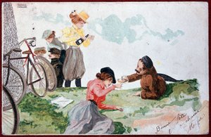 Landparty: Picknick und Radfahren - Illustration von R. Kirchner, um 1900 von Raphael Kirchner