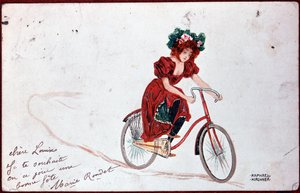 Postkarte einer Frau auf einem Fahrrad - Illustration von R. Kirchner, ca. 1900
