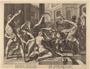 Delilah schneidet Samson das Haar von Raphael Sadeler I after Joos van Winghe