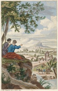 Figuren blicken über eine Landschaft