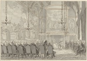 Empfang von Prinz Wilhelm V und Wilhelmina von Preußen im Ratssaal des Rathauses von Amsterdam von Reinier Vinkeles (I)